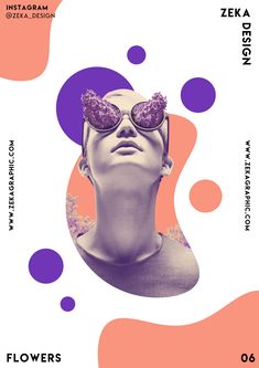 a poster with an image of a woman's face wearing sunglasses and flowers in the background