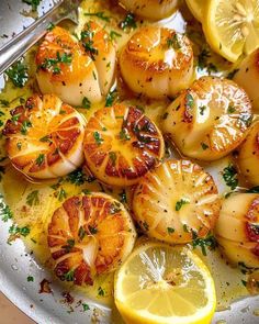 scallops with lemon and parsley are served on a platter, ready to be eaten