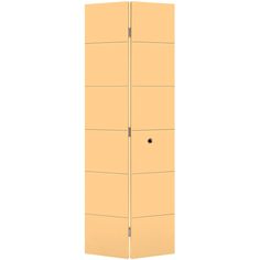 a tall beige door with two black knobs on the front and one button at the bottom