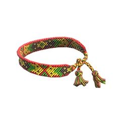 a multicolored bracelet with tassels is shown on a white background,