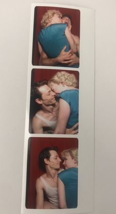 three polaroid photos of people kissing each other