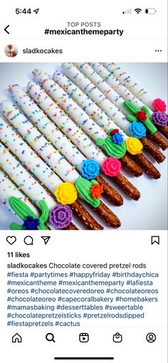 an instagram page for mexican memeparty with colorful frosted pretzels and flowers