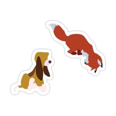 two stickers depicting an orange and brown dog, one is looking at the other