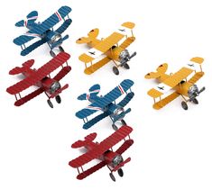 three model airplanes are shown in different colors and sizes, one is yellow, the other is red