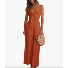 Nwot Orange Jumpsuit V Neck Tie Knot Front Size Small Vacation Strapless Jumpsuit, Chic Orange Beach Jumpsuits And Rompers, Chic Orange Jumpsuit And Romper For Vacation, Chic Orange Jumpsuits And Rompers For Beach, Chic Orange Jumpsuits And Rompers For Vacation, Strapless Jumpsuit For Beach Season Day Out, Jumpsuit V Neck, Neck Tie Knots, Orange Jumpsuit