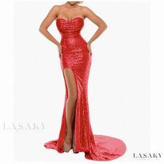 Lasaky - Strapless Evening Dress with Sexy High Slit and Long Train - Ideal for Hosting and Performing Jessica Rabbit Dress, Maroon Prom Dress, Bodycon Prom Dresses, Costume Wedding, Festival Costume, Mermaid Evening Dress, Strapless Evening Dress, Prom Dresses Jovani, Sparkly Wedding