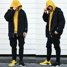 Yellow Black Outfit Men, Yellow Hoodie Outfit Men, Black And Yellow Outfit Men, Nmd Outfit Men, Yellow Hoodie Outfit, Yellow Black Outfit, Yellow And Black Outfit, Black And Yellow Outfit