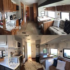 before and after pictures of a mobile home kitchen, living room, dining area, and bedroom