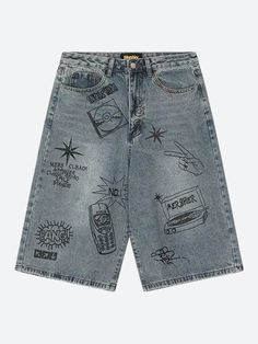 Jeans Shorts Women, Denim Pants Men, Printed Denim Pants, Wide Leg Shorts, Vintage Cartoons, Mid Length Shorts