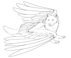 a drawing of a wolf with wings