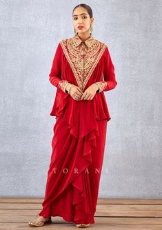 Torani-Sindoori Red Saroja Dhoti Kameez Set-INDIASPOPUP.COM Dhoti Skirt Outfits, Dhoti Design, Dhoti Dress, Dhoti Skirt, Yoke Shirt, Indo Western Dress, Dress Design Patterns, Beautiful Dress Designs, Draped Skirt