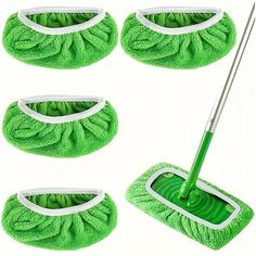 four green mop heads with one mop in the middle and three on the bottom