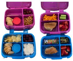 two plastic lunch boxes filled with food on top of each other in blue and purple containers