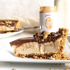 a piece of chocolate peanut butter pie on a white plate