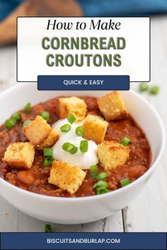 a white bowl filled with cornbread croutons and sour cream