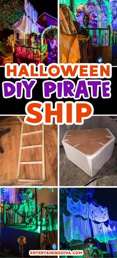 Halloween DIY Pirate Ship | Pirates Party Diy Halloween Pirate Ship, Pirate Decorations Diy, Pirate Ship Halloween, Diy Pirate Ship, Haunted Pirate Ship, Halloween Yard Haunt, Pirate Halloween Decorations, Pirate Props