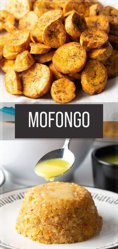 there is a white plate with food on it and the words mofongo above it