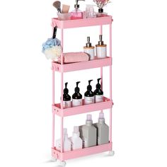 a pink shelf with soap, lotion and other items on it