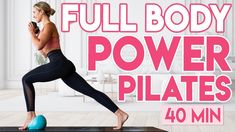 a woman is doing an exercise with the words full body power pilates on it