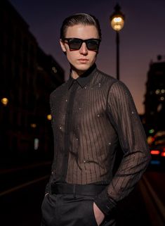 Sequin Shirts For Men, Men Couture, Magic Outfits, Tie Men, Fashion Male, Halloween 2023, Linear Pattern, New Years Eve Outfits, Sheer Shirt