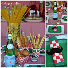 the table is decorated with red and white checkered napkins, green plates, and wine bottles