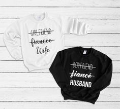 Girlfriend Fiancee Wife - Boyfriend Fiance Husband - Sweatshirt Matching Set - Wife and Husband - Mr and Mrs Shirt - Honeymoon Sweatshirts*****EXCITING NEWS! ALL orders to the US are now sent via USPS and come with tracking!*****This listing is for a SET OF 2 that comes with two high quality UNISEX super soft sweatshirts. Unisex sweatshirts are used for both men and women's sweater in the set, they are super popular in the shop among both men and women for fit and style!***Please leave the follo Fiance Sweatshirt, Mrs Sweatshirt, Wife And Husband, Combination Fashion, Crewneck Sweaters, Funny Christmas Sweaters, Matching Couple Shirts, Future Mrs