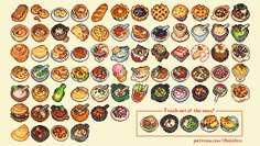 the pixel art shows different types of food and their names on each piece of paper