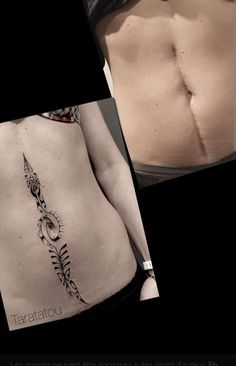 the back of a woman's stomach with tattoos on her side and an arrow