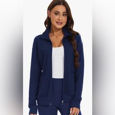 Nwt Scrub Jacket Navy Blue Athleisure Outerwear With Pockets, Navy Long Sleeve Track Jacket For Fall, Blue Track Jacket With Pockets For Fall, Blue Long Sleeve Track Jacket For Workwear, Blue Long Sleeve Track Jacket For Work, Blue Sporty Outerwear For Work, Blue Long Sleeve Track Jacket, Blue Casual Track Jacket For Work, Casual Navy Track Jacket