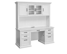 a white desk with two drawers and a hutch in the middle, on a white background