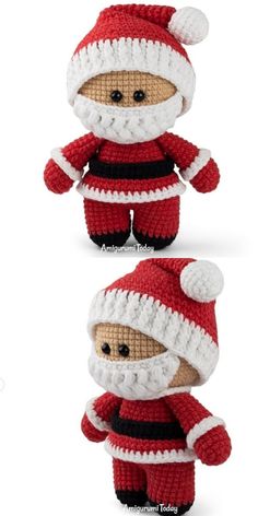 two crocheted santas with hats and beards