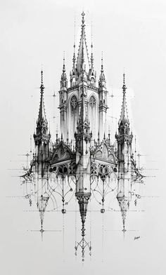 an architectural drawing of a building with many spires