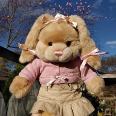 a brown teddy bear wearing a pink sweater and skirt