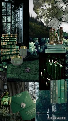 a collage of green and gold items including candles, books, an umbrella and other things