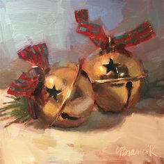 an oil painting of three golden christmas ornaments