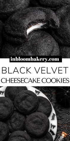 Black Velvet Cheesecake Cookies, Best Halloween Cookie Recipes, Halloween Stuffed Cookies, Black Dessert Ideas, Easy Halloween Deserts Recipes, Goth Food Recipes, Fun Halloween Cookies, Decadent Cookies Recipes, Black Velvet Cookies