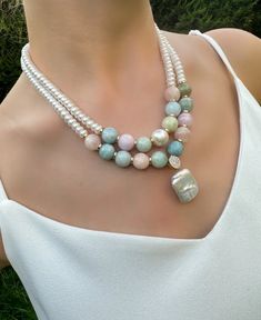 Pearl and Morganite Necklace – Baryadesign Jean Art, Morganite Necklace, Silver Smithing, Handmade Ceramic Jewelry, Beaded Stuff, Jewelry Girl, Resin Jewelry Diy, Necklace Ideas, Pearls Necklace