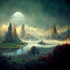 an image of a fantasy scene with mountains and fog