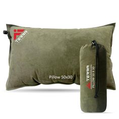 the pillow and bag are both green with red logos on it, but one has a zippered closure