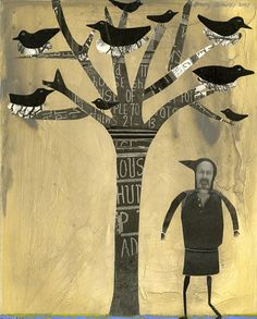 a man standing in front of a tree with birds on it