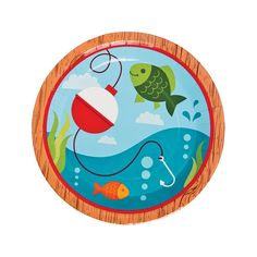 an image of a fish and fishing scene on a wooden plate with the words please