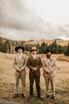 Groom Cowboy Boots Wedding, Earth Tone Groomsmen Attire, Western Fall Wedding Groomsmen, Fall Wedding Brown Suit, Brown Suit Wedding Groomsmen, Dark Tan Groomsmen Suits, Western Ranch Wedding, Modern Cowboy Wedding