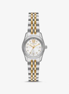 Petite Lexington Pavé Two-Tone Watch Michael Kors Silver Jewelry With Diamond Hour Markers, Michael Kors Timeless Diamond Watch With Diamond Hour Markers, Michael Kors Timeless Diamond Watch, Michael Kors Diamond Metal Watch, Mk Watch, 2024 Christmas, Michael Kors Collection, Classic Elegant, Two Tone Watch