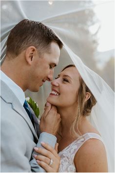 a bride and groom smile at each other as they stand under the veil of their wedding dress