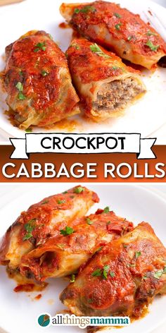 Crockpot Cabbage Rolls social collage graphic. Crockpot Cabbage Rolls served on a white round plate Stuffed Cabbage Rolls Crockpot, Stuff Cabbage, Garden Meals, Slow Cooker Cabbage, Slow Cooker Cabbage Rolls, Unstuffed Cabbage Rolls, Lithuanian Recipes, Cabbage Steaks