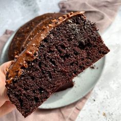 a piece of chocolate cake on a plate with a hand holding it up to the camera