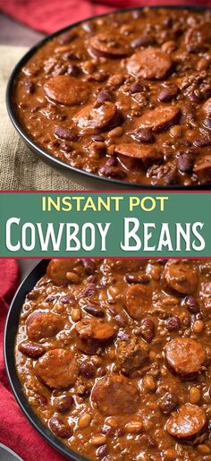 two pans filled with instant pot cowboy bean casserole on top of a red cloth