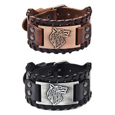 two brown leather bracelets with a horse emblem