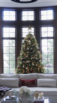 a living room with a christmas tree in the corner