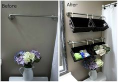 before and after photos of a bathroom with flowers in the vase on the sink counter